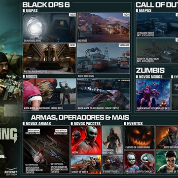 Arte promocional de Call of Duty Season 06 The Haunting com cenário sombrio e personagens