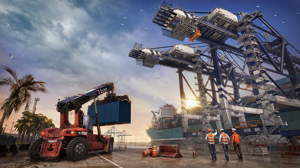 Imagem de Docked mostrando operações portuárias com guindastes e maquinário pesado em Port Wake