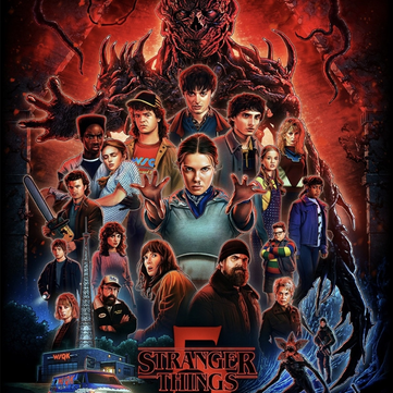 Pôster oficial de Stranger Things 5 mostra Eleven, seus amigos e Vecna em clima sombrio, anunciando o fim épico da série da Netflix.