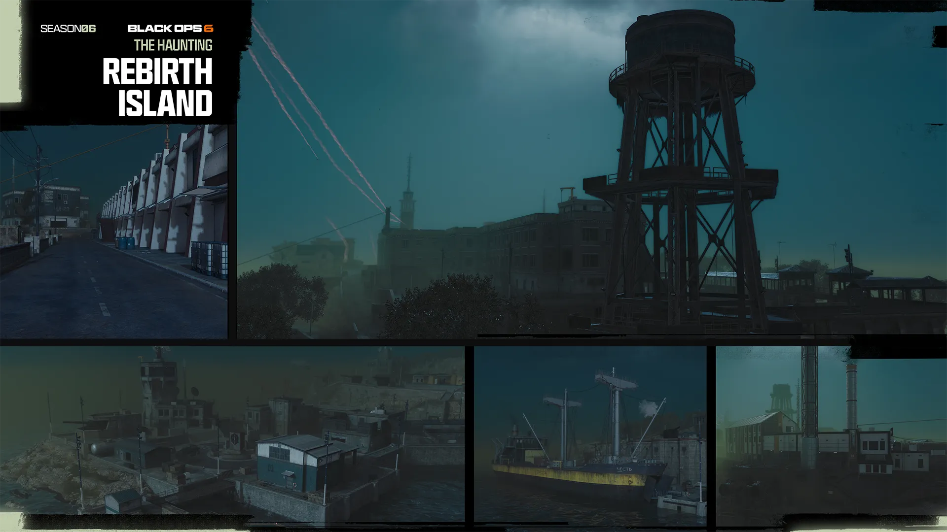 Arte promocional de Call of Duty Season 06 The Haunting com cenário sombrio e personagens