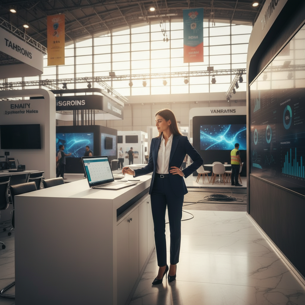B2B executive reviewing pre-show meeting schedule at a Dubai trade show before the floor opens