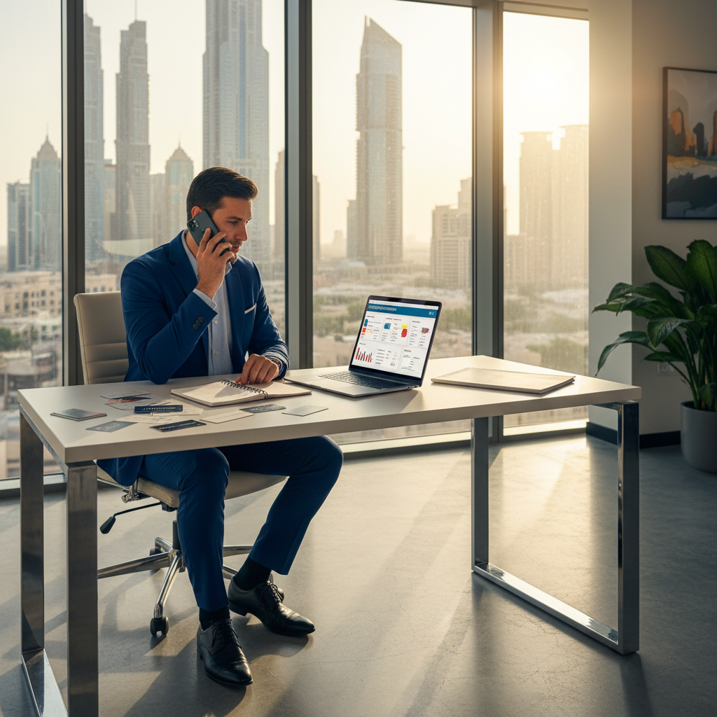 Dubai B2B professional following up with trade show leads in a modern DIFC office