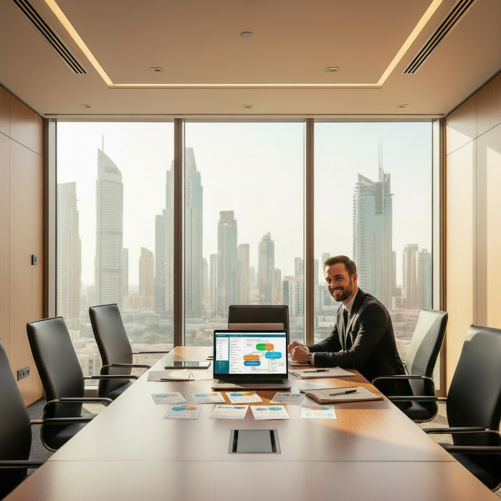 B2B marketing executive reviewing event budget documents at a Dubai DIFC office