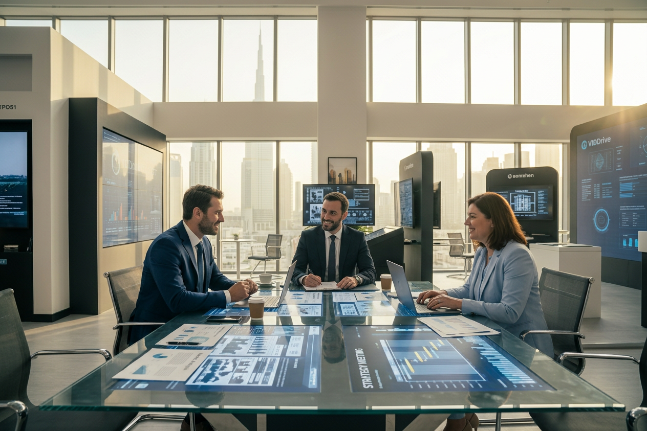 Business professionals reviewing post-event contact lists in a modern Dubai boardroom with DIFC skyline view