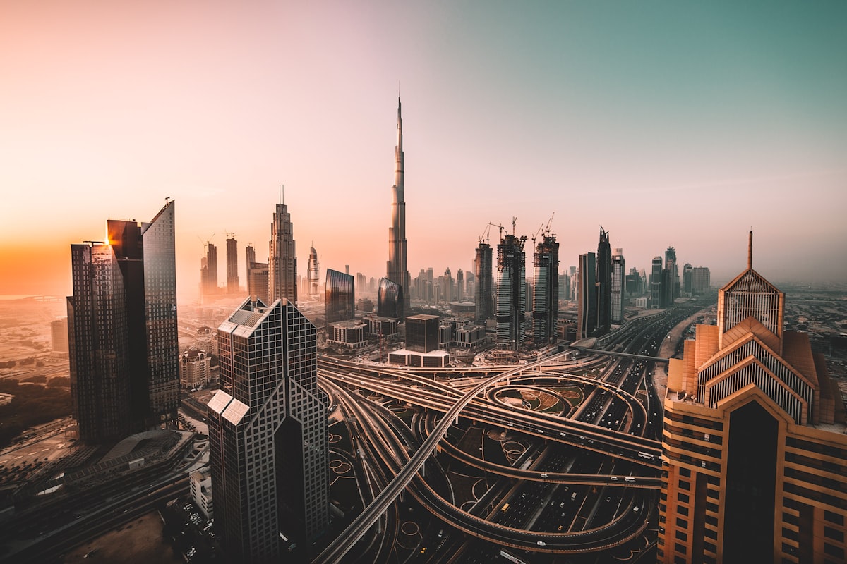 Dubai DIFC financial district skyline at dusk