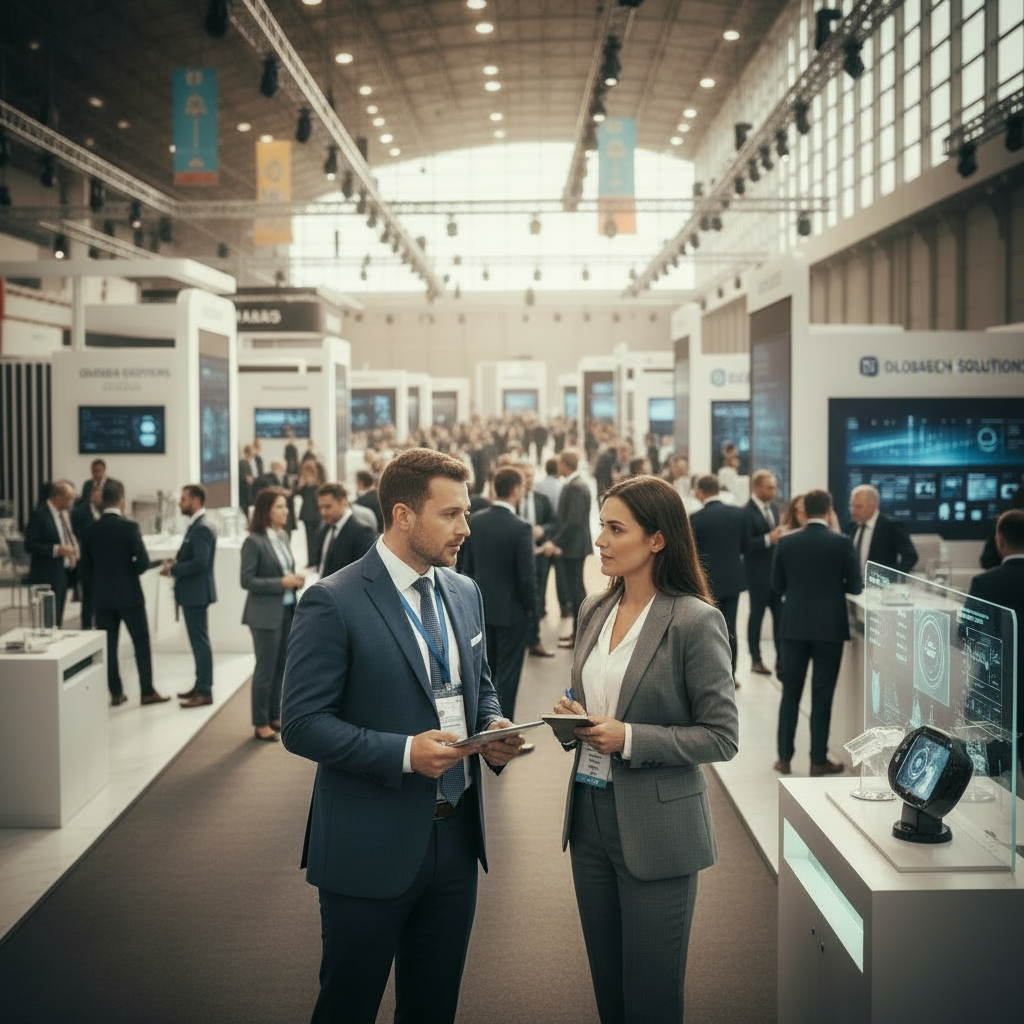 Two business professionals in conversation at a B2B exhibition booth in Dubai