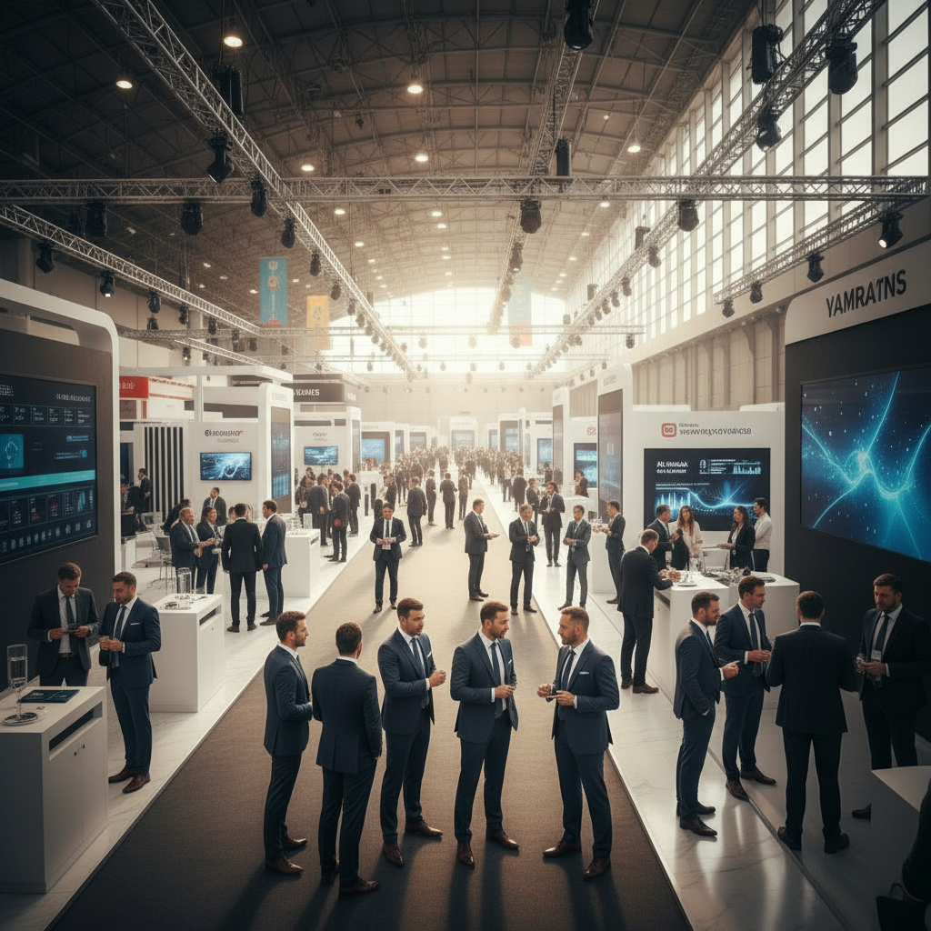 International trade exhibition floor in Dubai with B2B professionals networking at modern stands