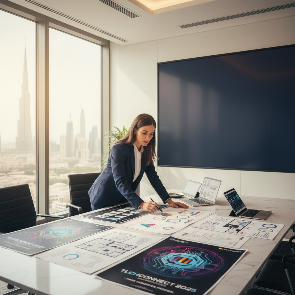 Business executive reviewing conference sponsorship proposal in a modern Dubai office