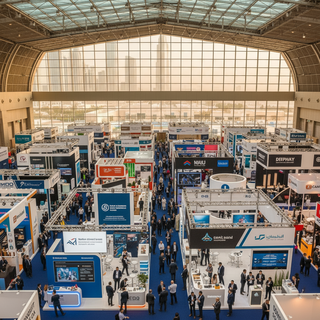 Business professionals planning event sponsorship strategy at a Dubai tech exhibition booth