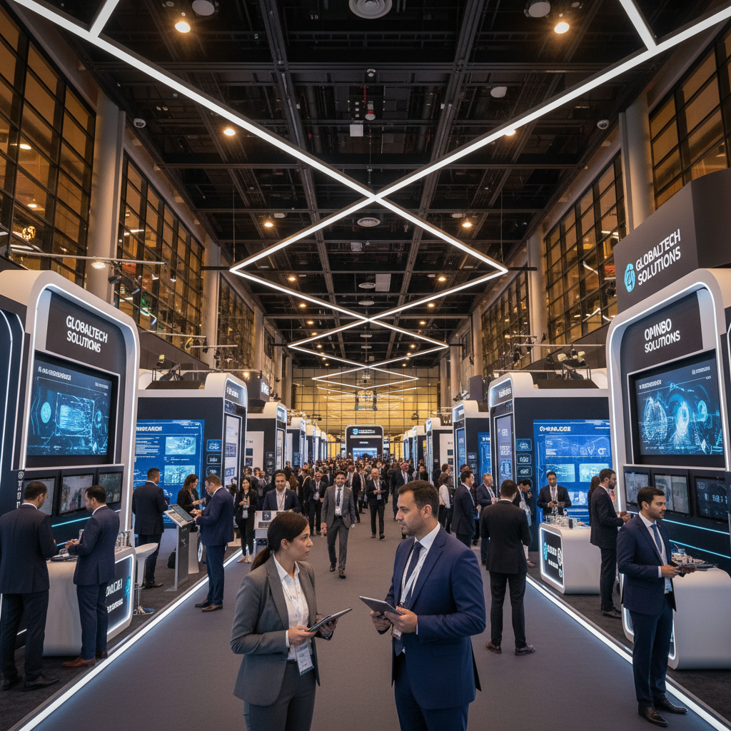Technology exhibition hall at Expo City Dubai with B2B professionals and branded booths at a major tech conference