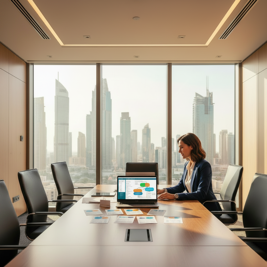 Businesswoman reviewing trade show leads in a bright Dubai office with DIFC skyline. Source: AI-generated.