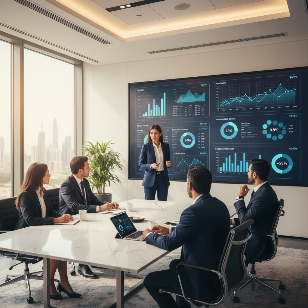 Marketing analyst presenting event ROI dashboard to executives in a Dubai conference room