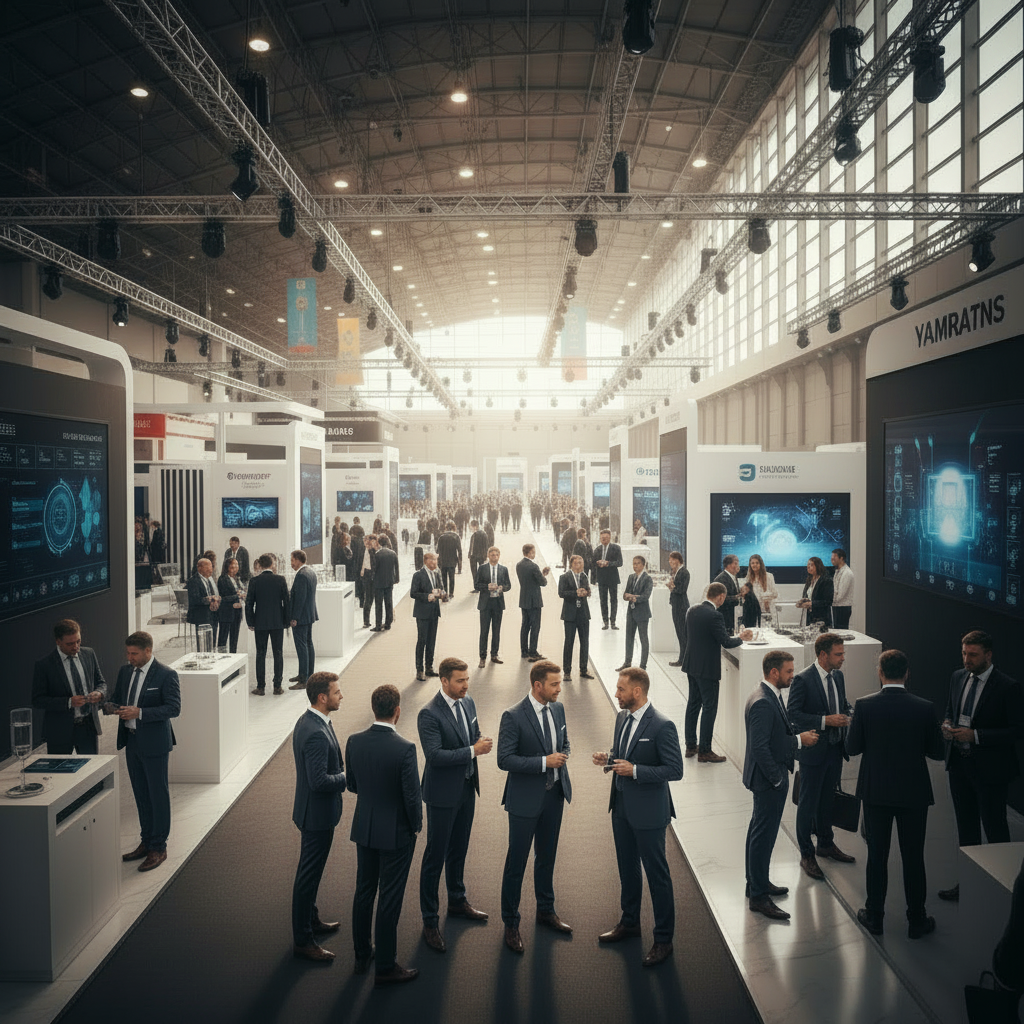 Event professionals networking at a B2B MICE conference exhibition hall in Dubai