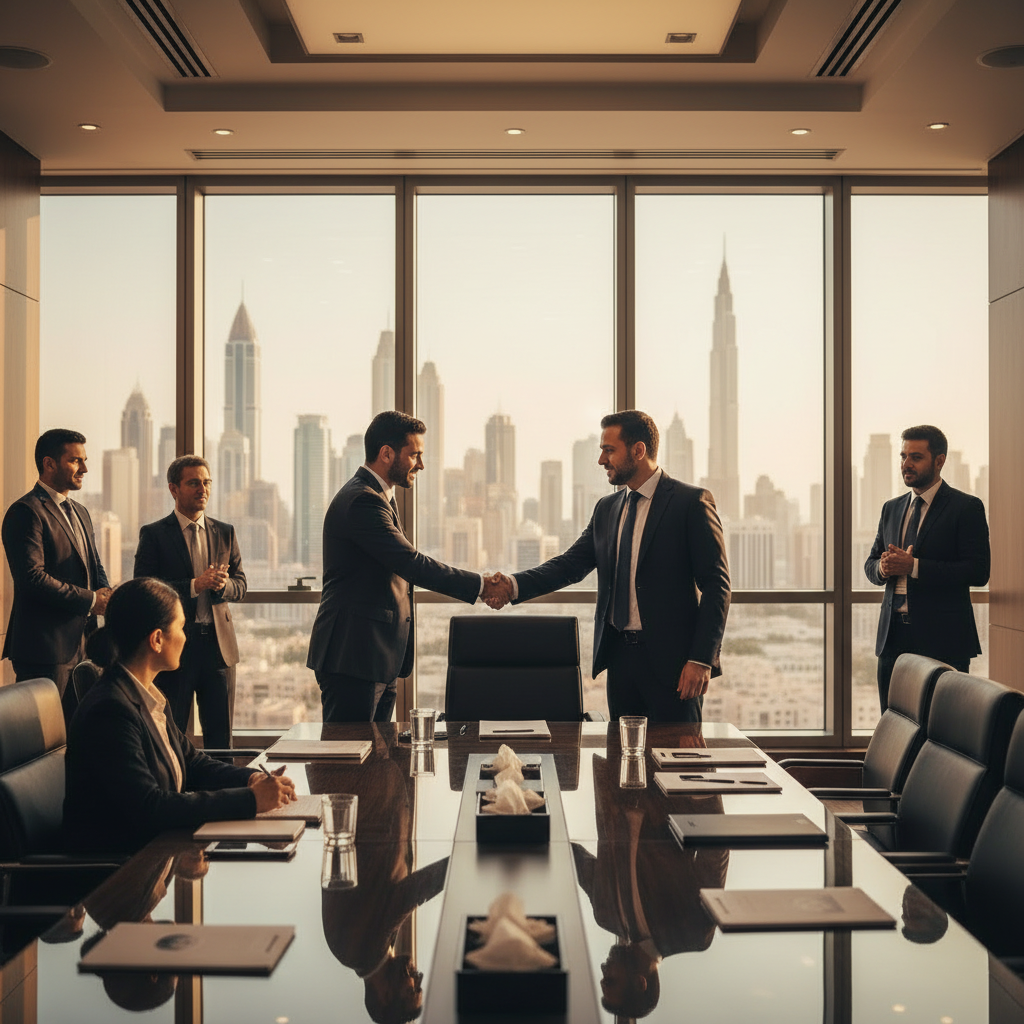 Business executives shaking hands in a modern Dubai office boardroom