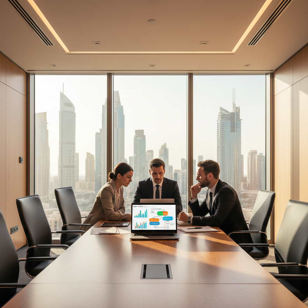 Two business executives reviewing event ROI and pipeline analytics dashboard on a laptop in a modern Dubai conference room with DIFC skyline visible