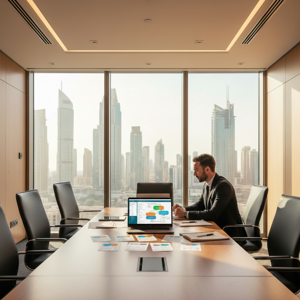 B2B sales professional reviewing trade show lead cards and CRM dashboard in a modern Dubai office with city skyline