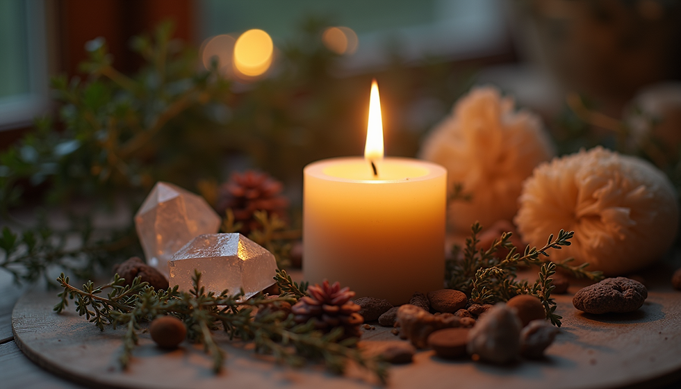 Eye-level view of a candle surrounded by herbs and crystals