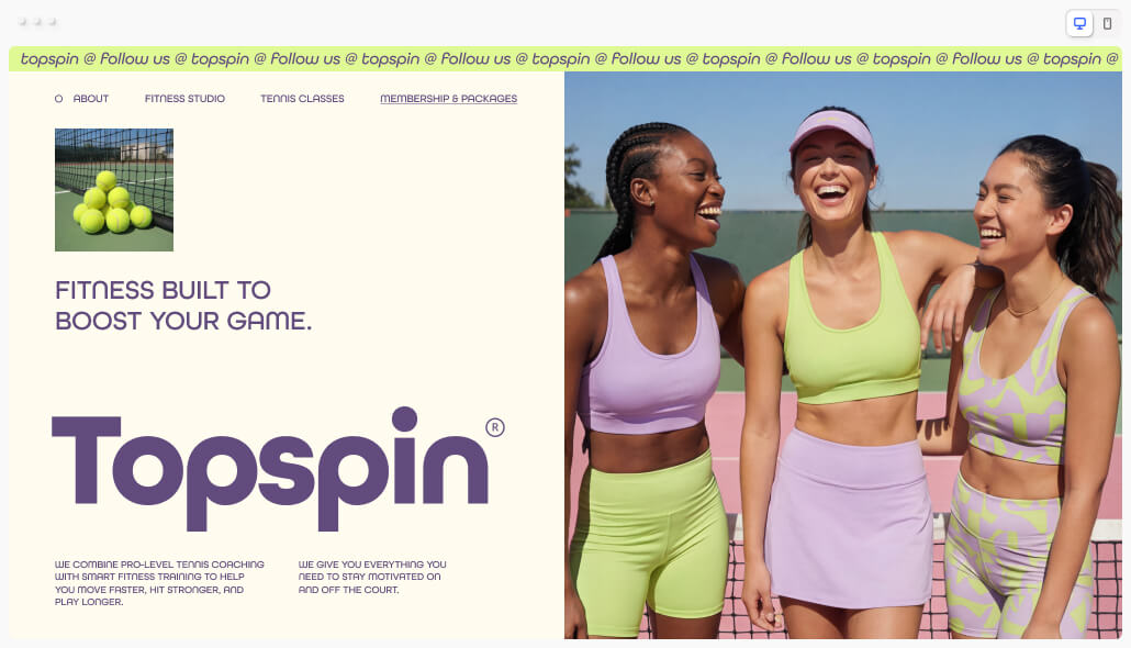 Topspin website hero section with three smiling women in colorful athletic wear on a tennis court and the tagline "Fitness built to boost your game"