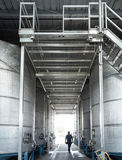 Industrial winery facility with large steel fermentation tanks