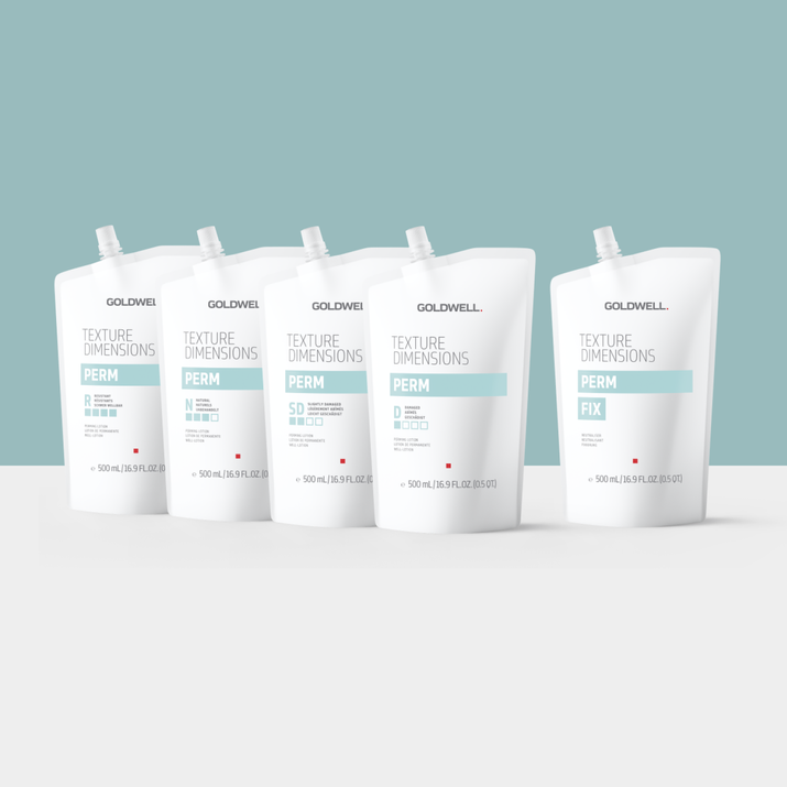 Five white perm pouches on green and grey background.