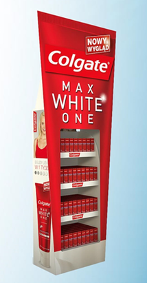 An eye-catching promotional display for the Colgate Max White One Line of toothpaste.