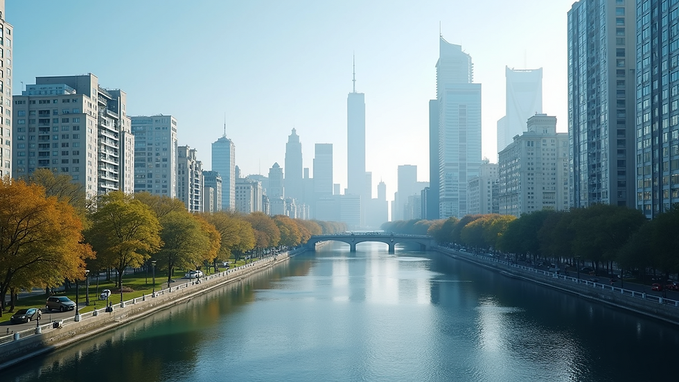 Wide angle view of a modern city skyline with high-rise buildings and a river