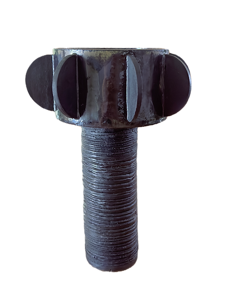 A ceramic art  tall vase with paddles on the sides that resembles a brutalist tower 