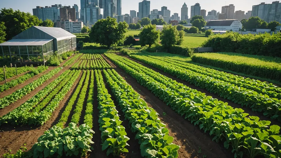 Eye-level view of a lush urban farm with various crops