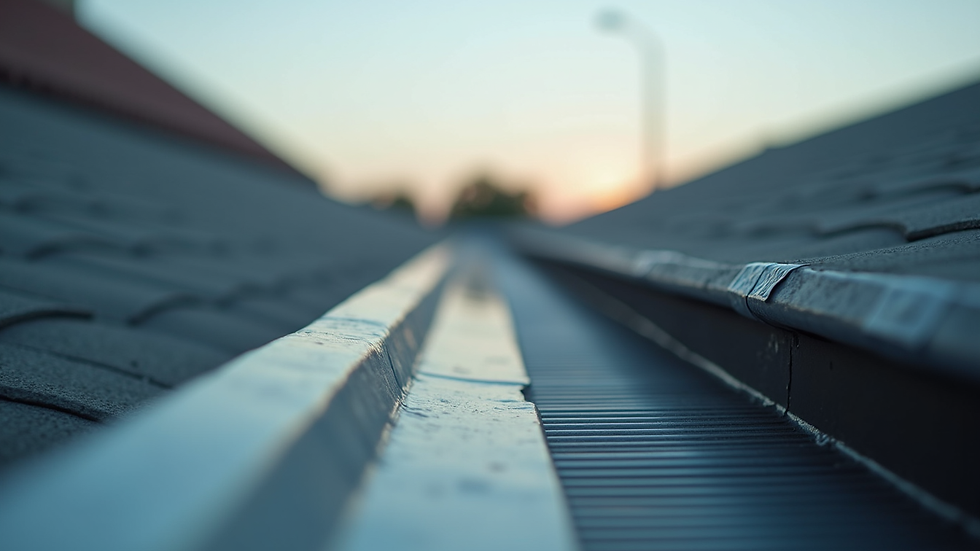 Close-up view of commercial roof drainage system with clear gutters