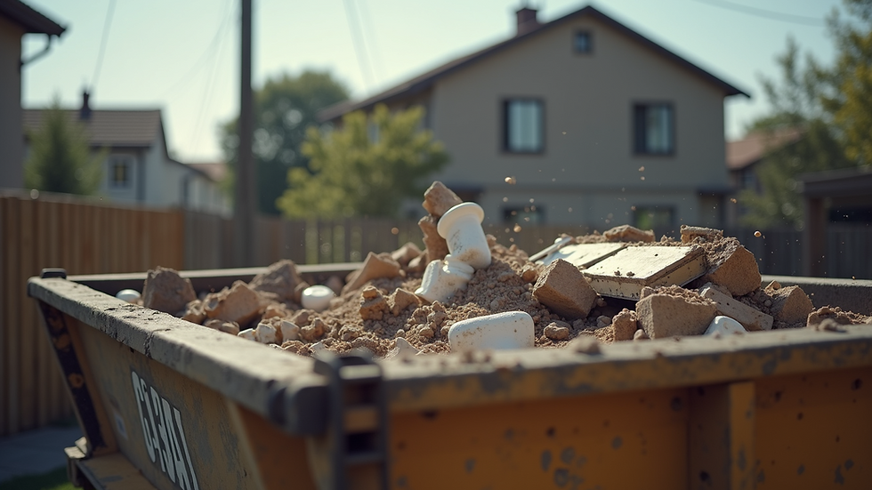 Close-up view of construction debris inside a dumpster at a residential site
