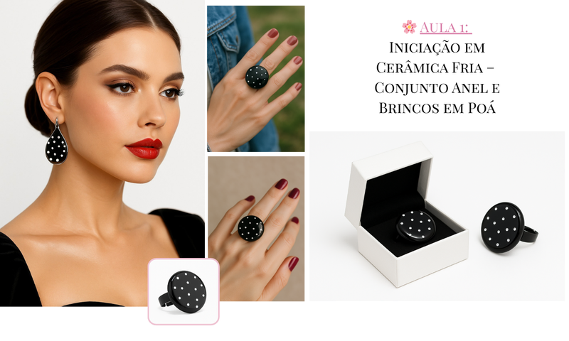 Conjunto de anel e brincos em cerâmica fria com estampa poá, na cor preta e branca. Peças artesanais