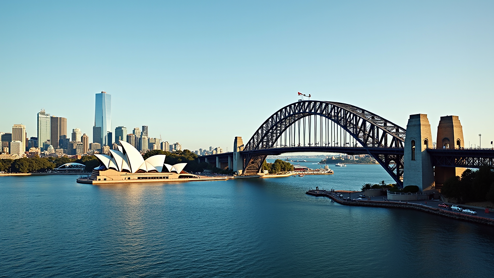 High angle view of Sydney Harbour Bridge with city skyline