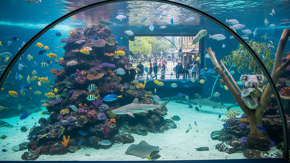 High angle view of the interior of Sydney Aquarium with colourful fish swimming
