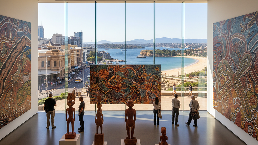 Wide angle view of Aboriginal sculptures and paintings in a modern gallery