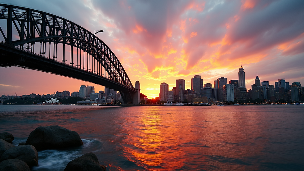 Eye-level view of Sydney Harbour Bridge with city skyline at sunset