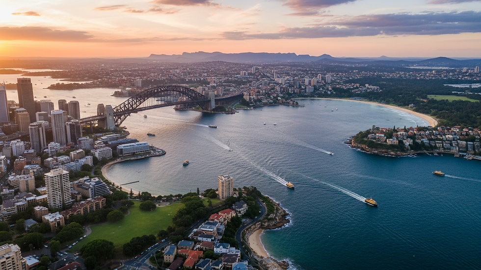 High angle view of Sydney Harbour Bridge and city skyline at sunset
