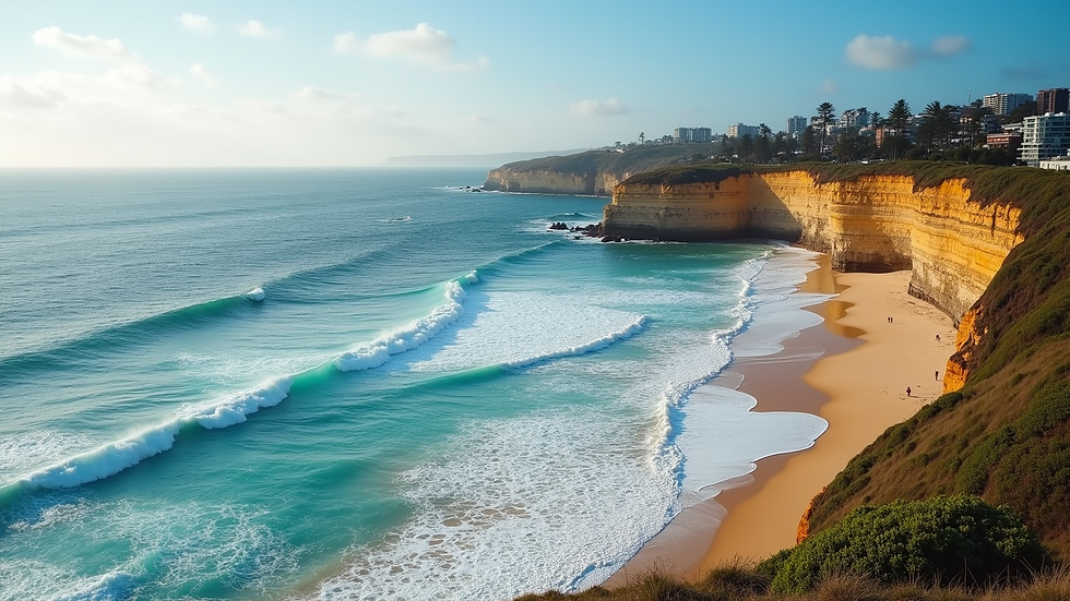 High angle view of Bondi Beach coastline with waves and cliffs