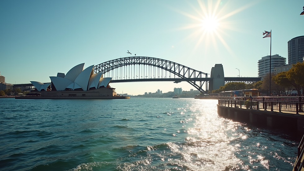 Eye-level view of Sydney Opera House and Harbour Bridge from Circular Quay