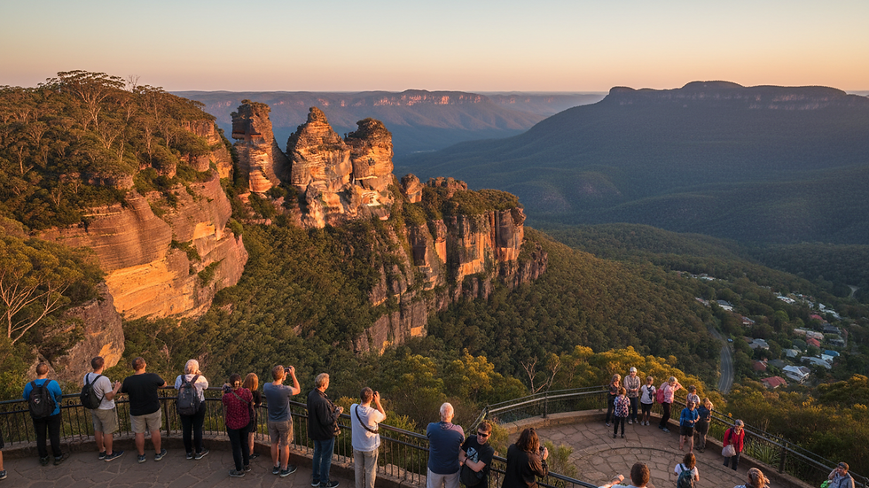 Wide angle view of Three Sisters rock formation from Echo Point lookout