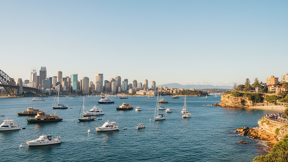 Eye-level view of Sydney Harbour with boats and city skyline