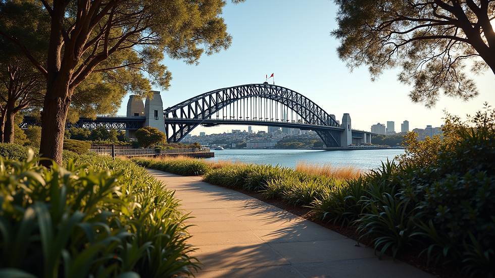 High angle view of Sydney Harbour Bridge from a walking path
