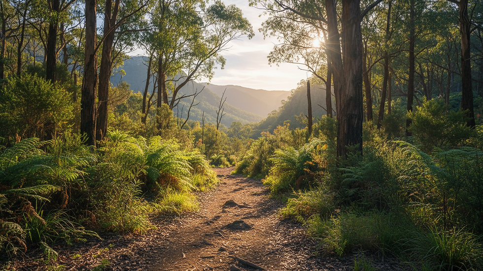 Eye-level view of a quiet forest path in the Blue Mountains