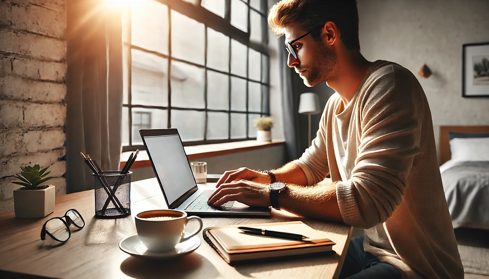 A small business owner writing a blog post on a laptop, modern workspace, warm lighting, focused expression, realistic style, DSLR camera quality.