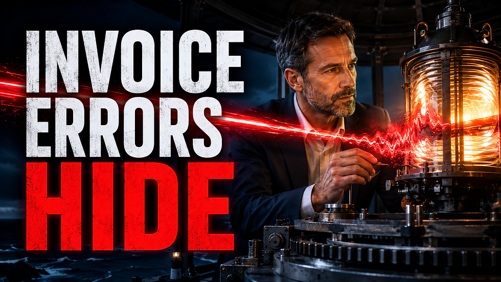 Finance leader inspecting a neon red beacon distortion shows how supplier invoice errors survive normal billing.