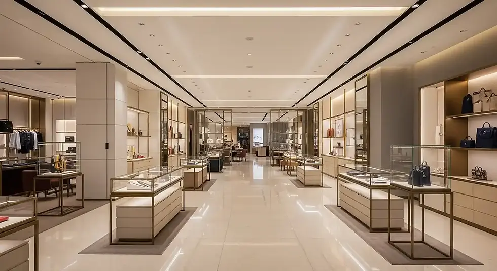 Luxury retail space in Singapore featuring marble floors, gold accents, premium lighting, and high-end store layout