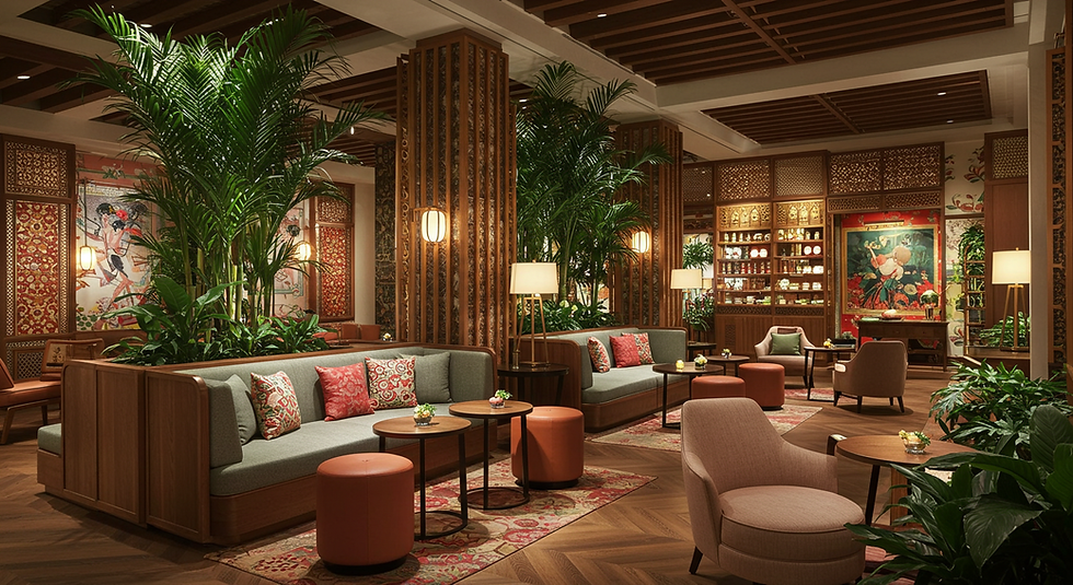 Hospitality interior showcasing Singaporean cultural elements and modern design