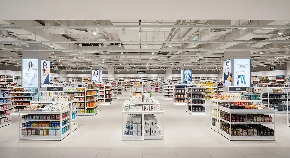 Open layout retail store in Singapore with wide aisles, clear product zones, and modern mall interior