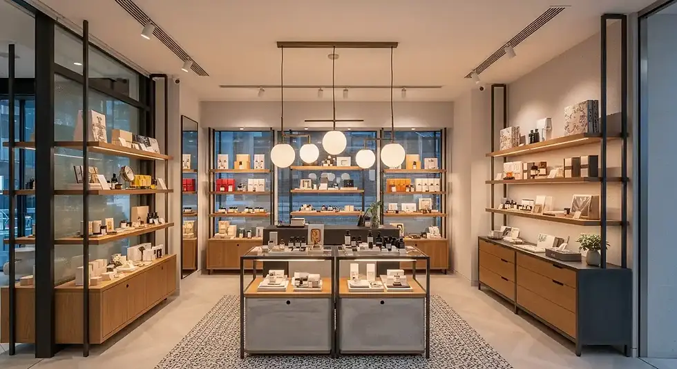 Boutique retail space in Singapore with custom shelves, warm lighting, and curated product displays