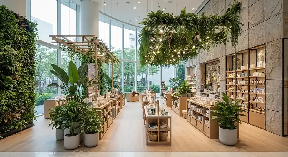 Biophilic retail space in Singapore with indoor plants, natural wood finishes, and daylight-filled layout
