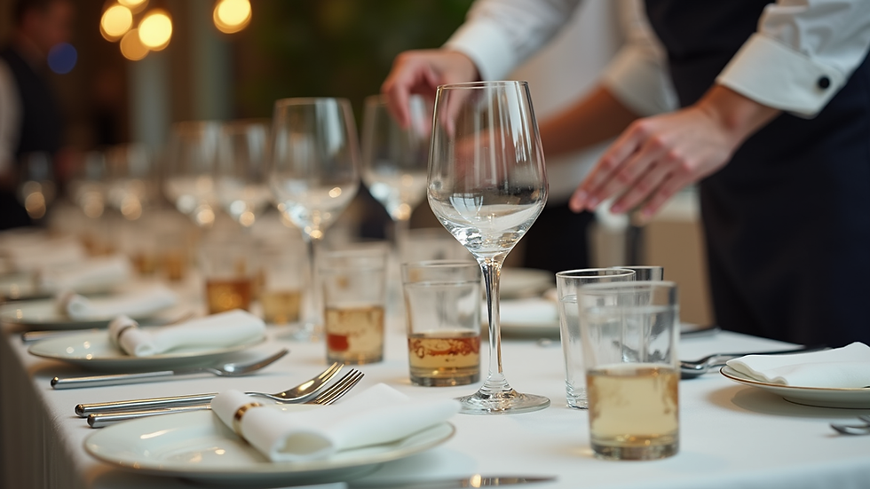 Close-up view of a catering staff setting up elegant table settings